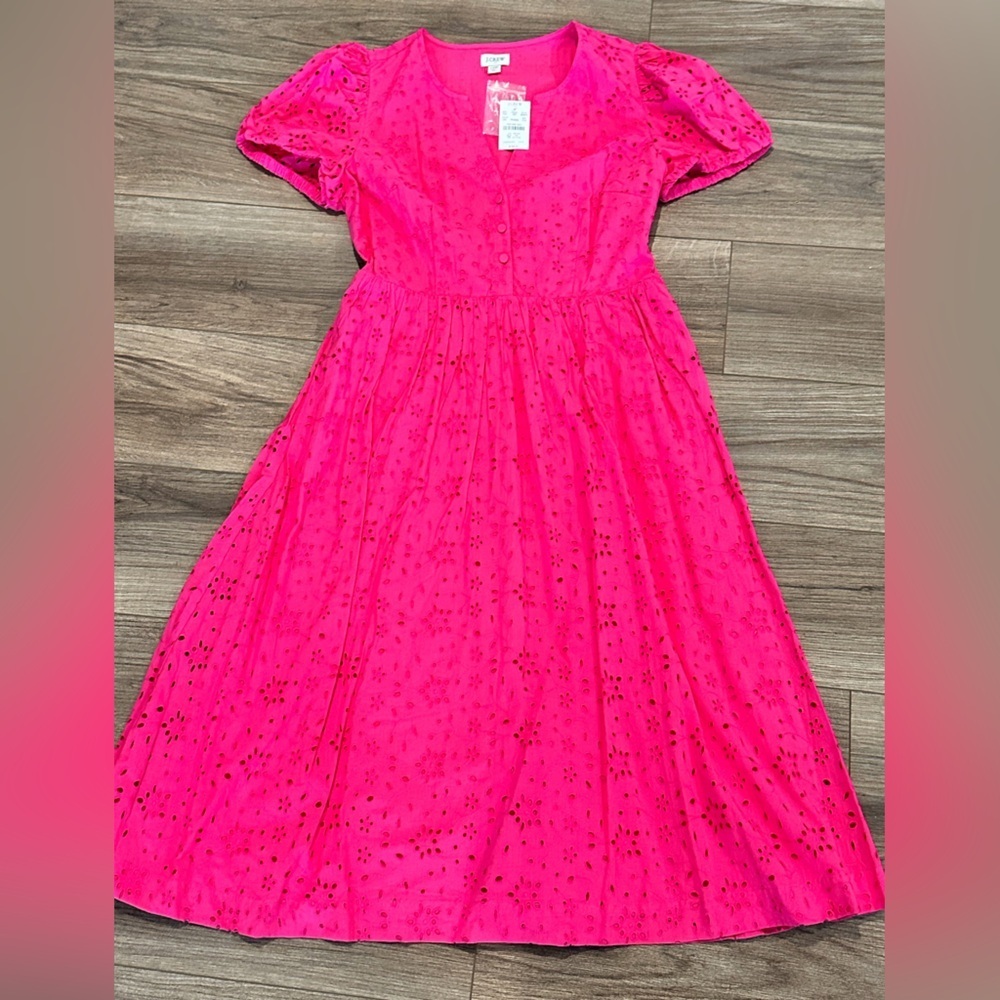 NWT! J. Crew Vibrant Pink Eyelet Puff-Sleeve Dress Size 10 Petite - Picture 12 of 12